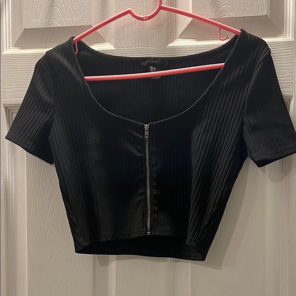 Black Ribbed Women's Crop Top with Zipper Front
